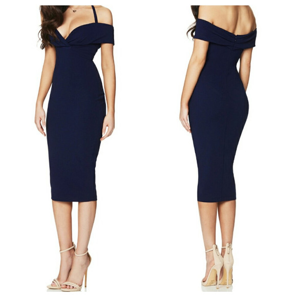 Nookie Athena Halter Midi Dress Navy Blue Bodycon Halter Off The Shoulder XS New - Picture 1 of 13